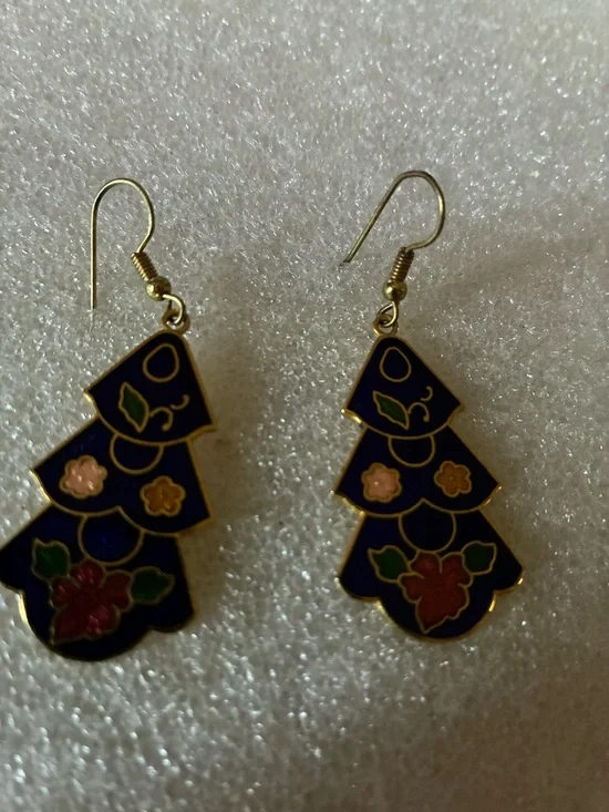 Gold-Tone Navy Floral Enamel Drop Earrings - Picture 2 of 3